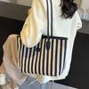 Large Capacity Shoulder Bag Zipper Shopping Handbag Simple Stripe Canvas Tote Bag  Girls