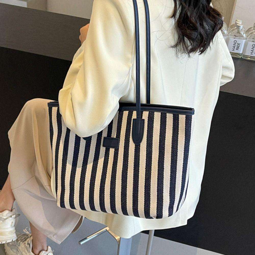 Large Capacity Shoulder Bag Zipper Shopping Handbag Simple Stripe Canvas Tote Bag  Girls
