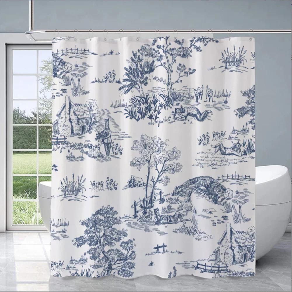 Rustic Countryside Toile Print Water-Resistant And Mildew-Resistant Shower Curtain With Classic Design For Bathroom Decor