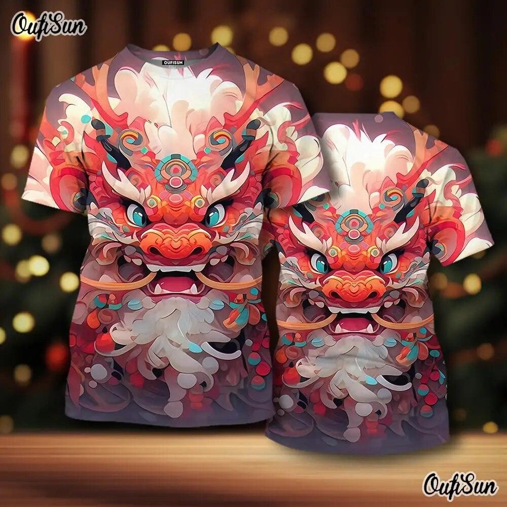 2024 Neujahr Herren T-Shirt Drache 3D-Druck Tiermuster Herren T-Shirt Chinesisches Jahr des Drachen Kurzarm rote Tops