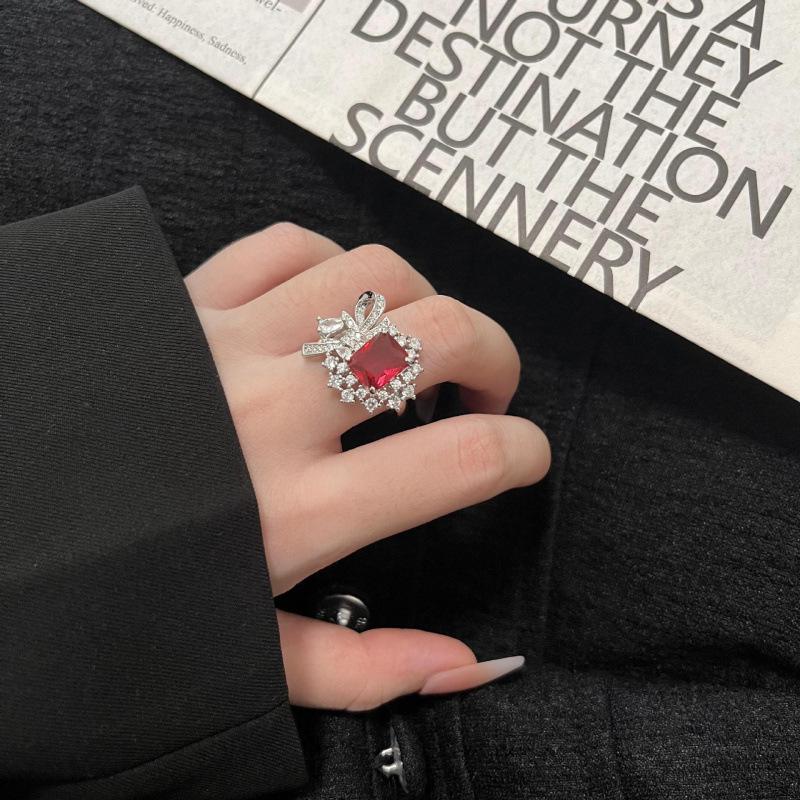 Elegant Red Corundum Bow Diamond Ring & Pendant Necklace Set for Women