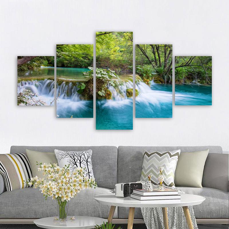 5 Panels Landscape Waterfall Posters and Prints Canvas Painting Wall Art Pictures Living Room Home Decor Lake Tree No Frame