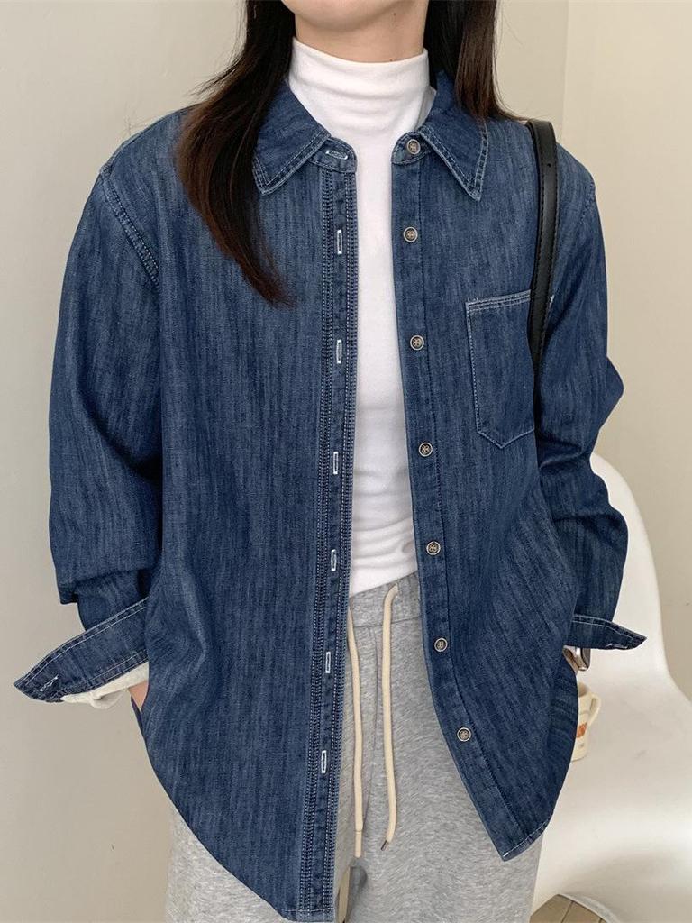 Spring 2026 New Arrival: Lazy Style Velvet-Lined Denim Lapel Shirt with Long Sleeves - Versatile and Casual.