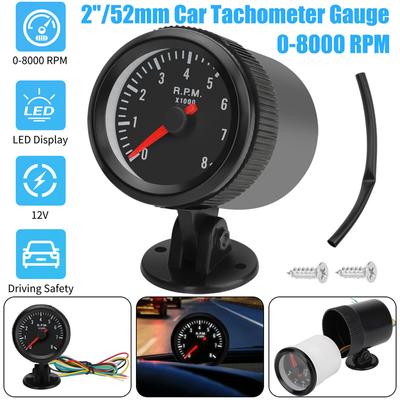 2" 52Mm Licznik samochodowy Obrotomierz Rpm Gauge 0-8000Rpm Analogowy Czarny Obudowa Z Białą Diodą LED Do 1-8 Cylindrów Benzynowych Samochodów