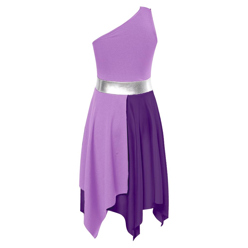 Mädchen Asymmetrische Tunika Tanzkleid - Ärmellos Einseitige Schulter Kontrastfarbenes Design