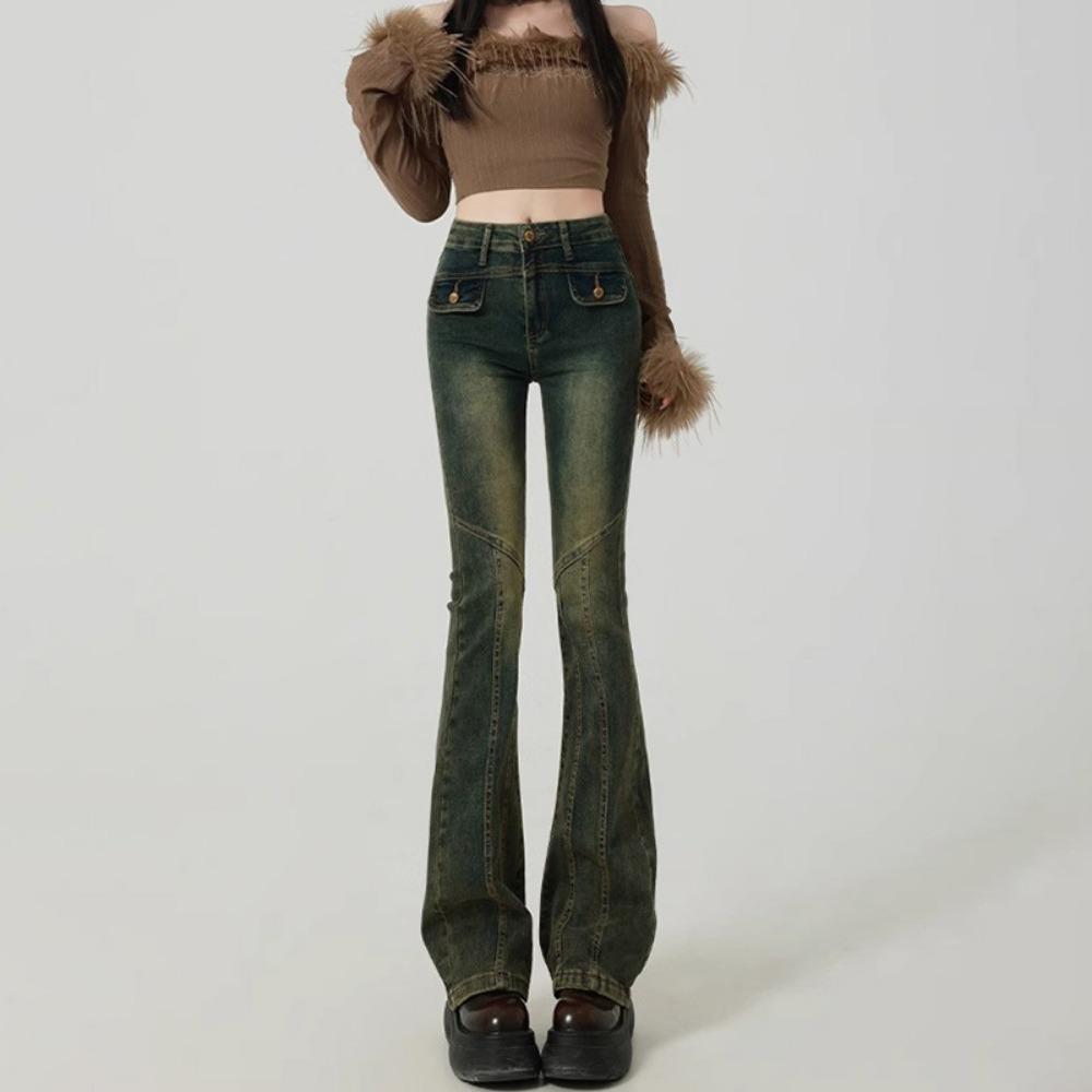 

High-waisted and slightly pulled jeans women s spring new design sense of elasticity, slim and thin, Spice Girl flared pants tide XL