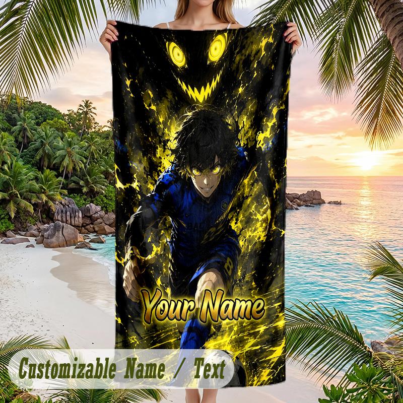 Blue Lock Beach Towel, Personalized Custom Name Text, Quick Dry Large Absorbent Towel For Beach Pool