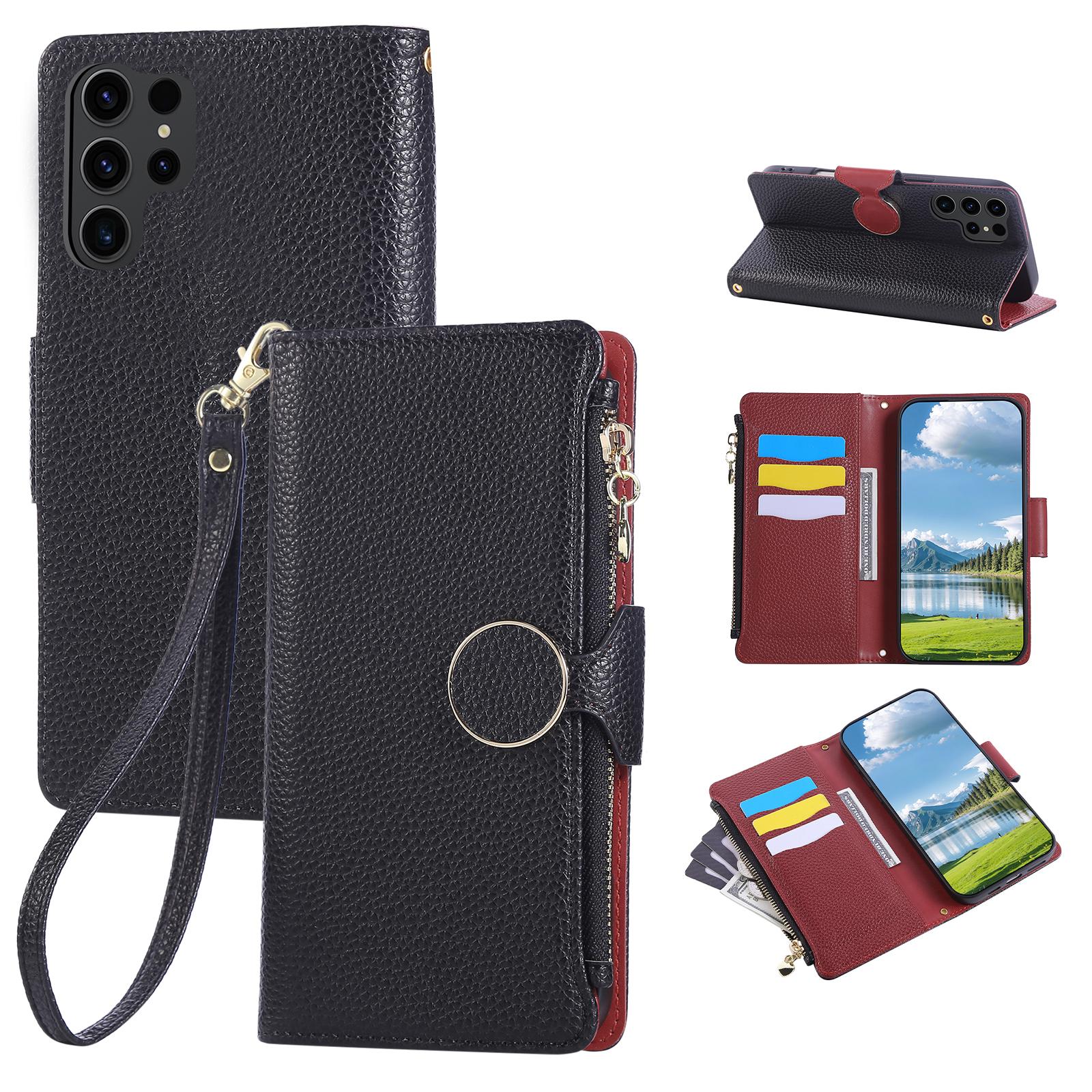 

For Samsung Galaxy S24 Ultra Case Zipper Wallet Leather Phone Cover with Wrist Strap Black