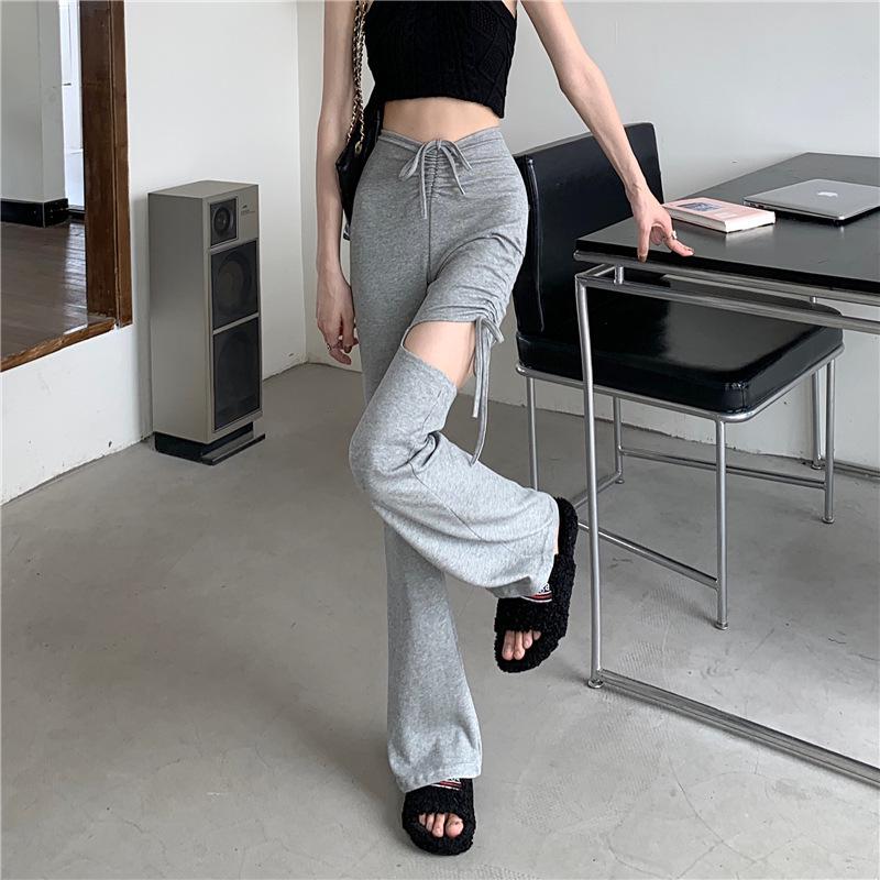 Women's Gray Ripped Micro Flare Drawstring Pants - Trendy, Versatile Summer Niche Casual Wear