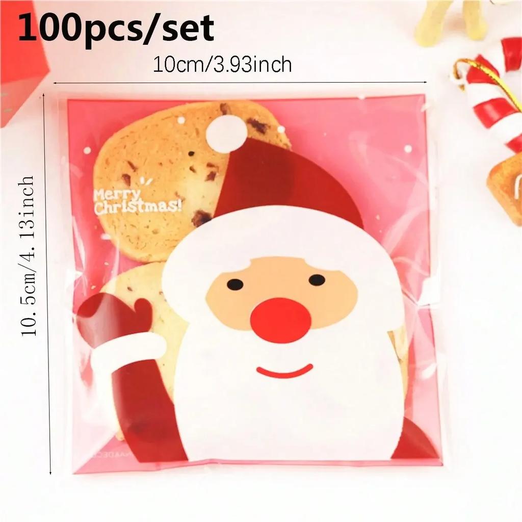 100pcs- Santa Cookie Hot Seal Bags Handmade Candy Nougat Biscuit Packaging Christmas New Year Party Decoration Supplies Zipper B