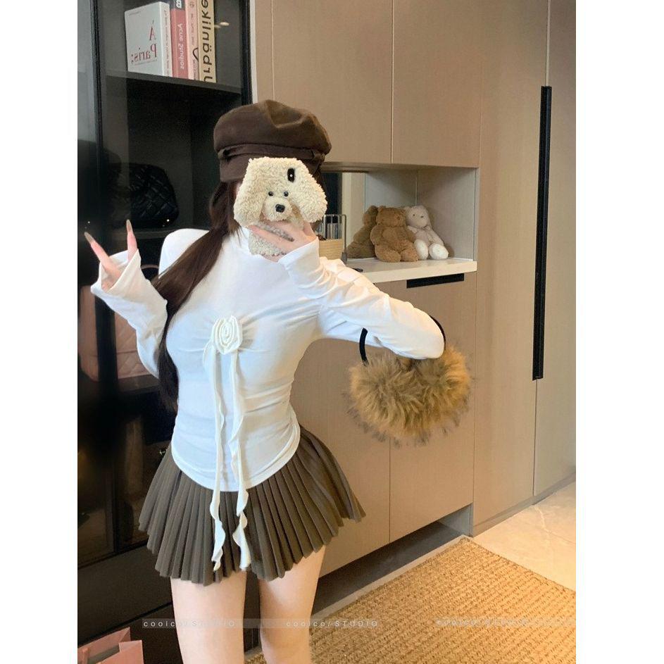 

Стильный женский топ с 3D-цветами, высоким воротником и длинными рукавами, стройнящий - Осень/Зима Extra Large белый