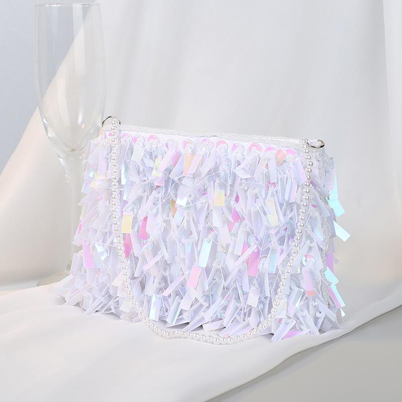 

Vintage Silver Hand Beading Sequined Bags Evening Party Clutch Purse Versatile Handbags with Beaded Handle Chain Shoulder Bags
