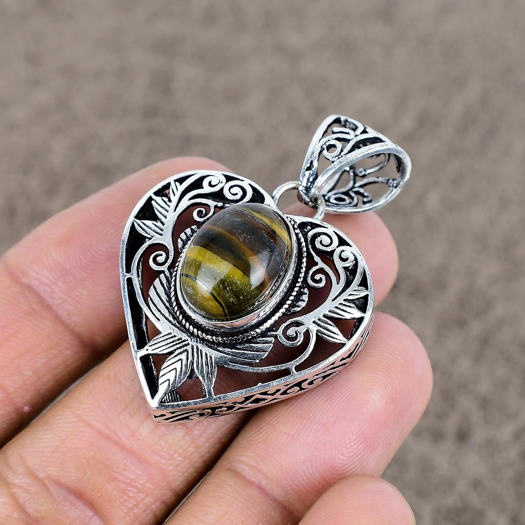Tiger Eye Gemstone Handmade 925 Sterling Silver Jewelry Pendant 1.77" KKG-24