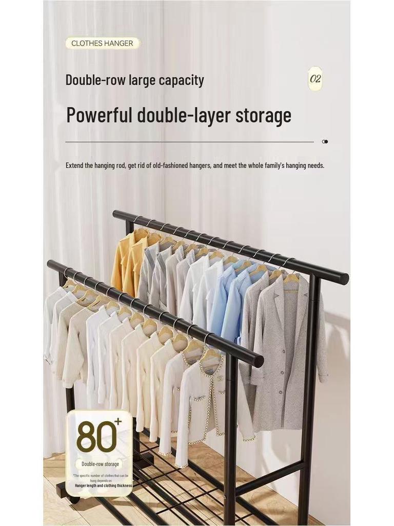 Sturdy Double Bar Wardrobe Rack for Dorms: Floor-Standing, Dual-Layer Clothes & Hat Hanger for Bedrooms and Balconies.