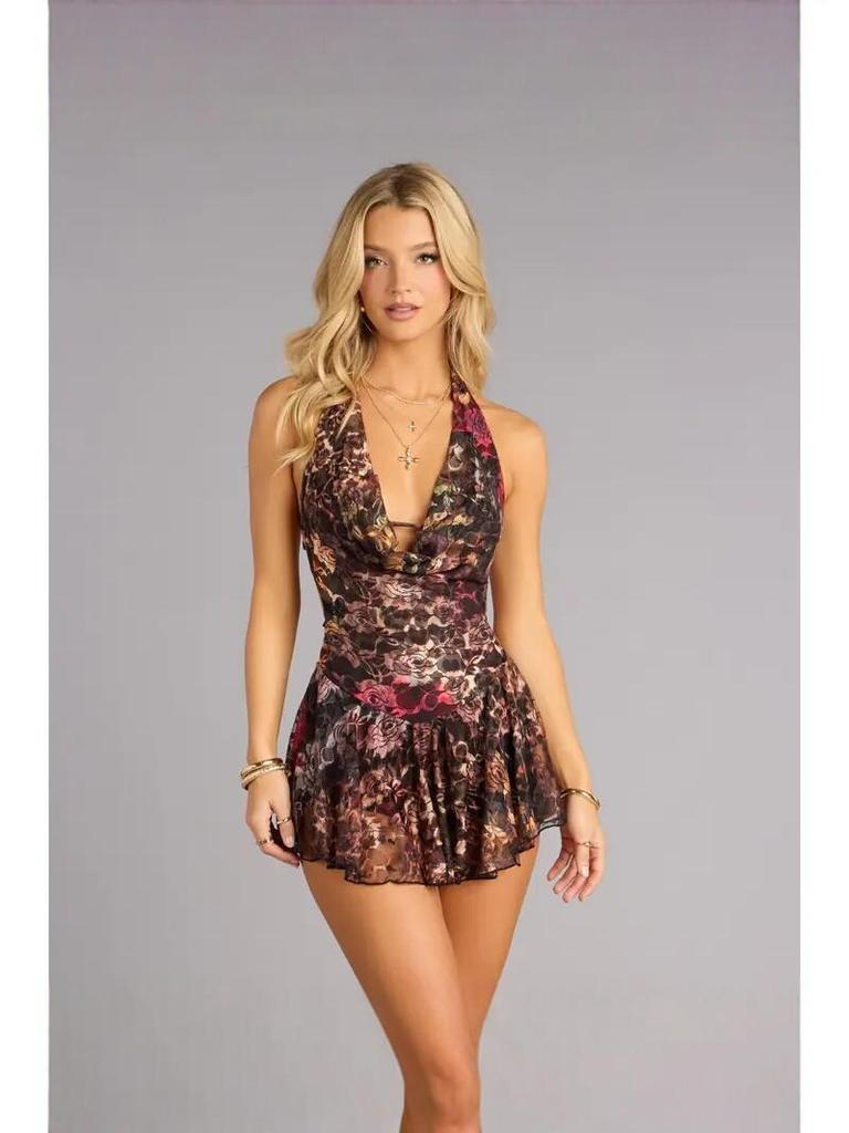 Europe Cross-border Leopard & Floral V-neck Backless Lace-up Sexy Short Skirt Dress