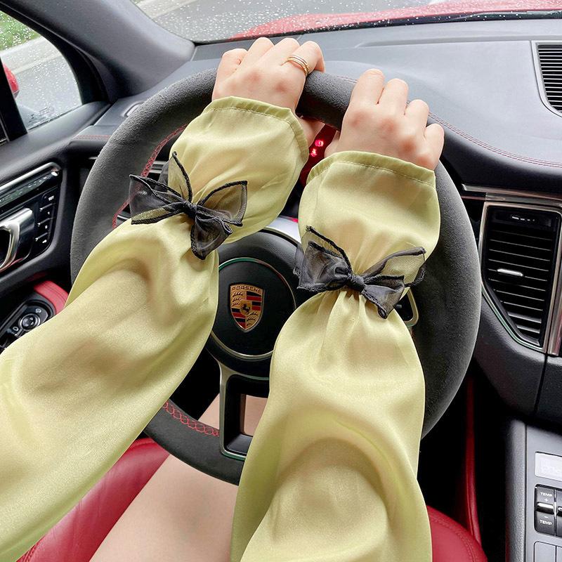 Women’s Bowknot Flared UV Protection Arm Sleeves, Ice Silk Cooling Sun Sleeves, Loose Fit Fashion Arm Covers for Summer Outdoor Driving
