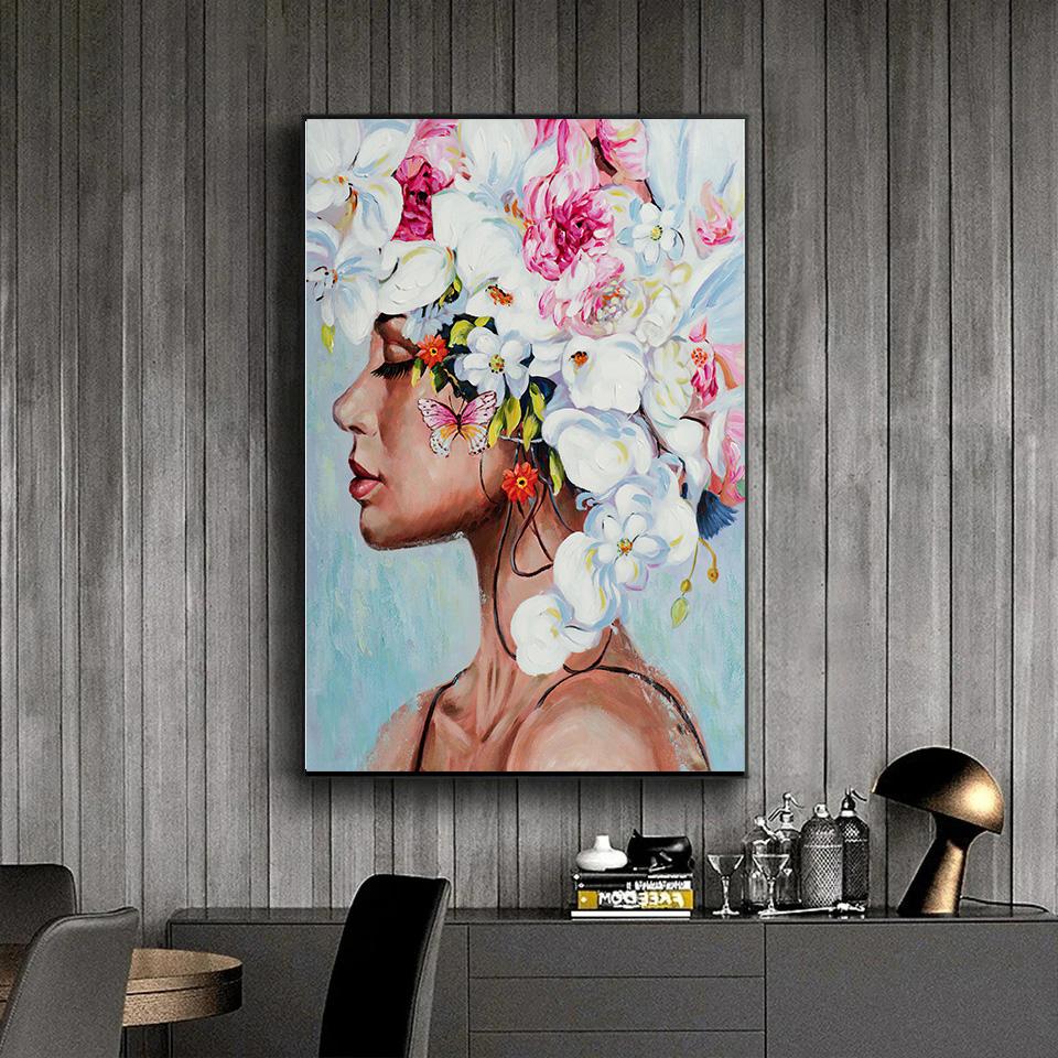 Canvas Painting Abstract Woman with Flower Butterfly Posters and Prints Modern Wall Art for Living Room Decor