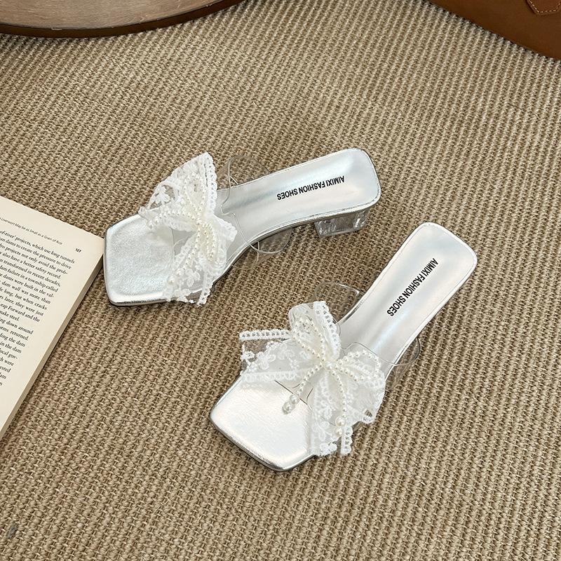 

Beaded thick heel bow transparent high heel summer new women s square head sandals lace cool slippers 39 серебряный