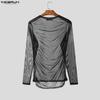 INCERUN Men Long Sleeve Ruffled See Through Mesh Party Tops T-Shirts