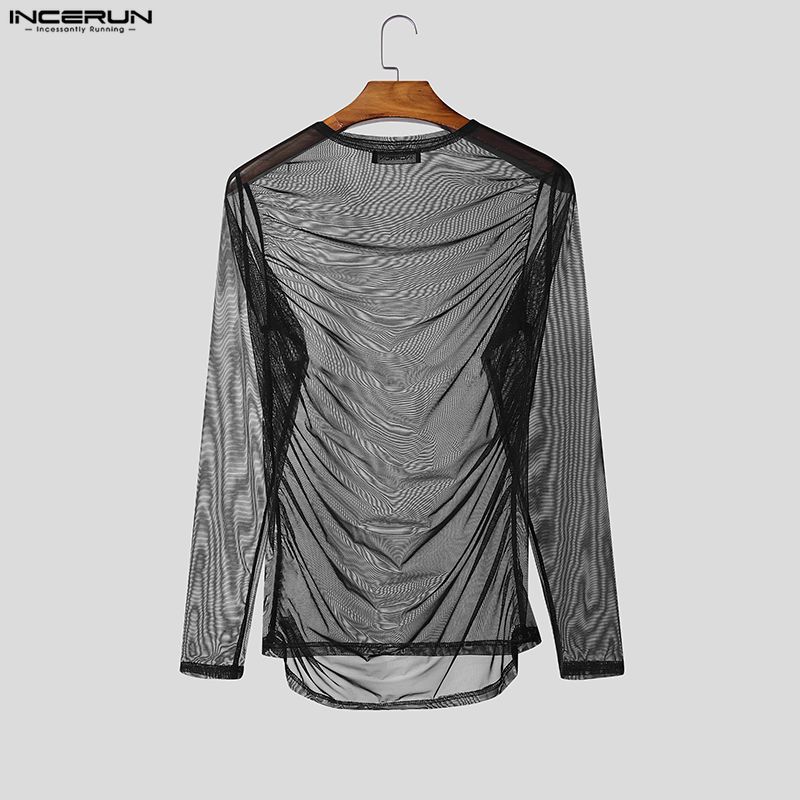 INCERUN Men Long Sleeve Ruffled See Through Mesh Party Tops T-Shirts