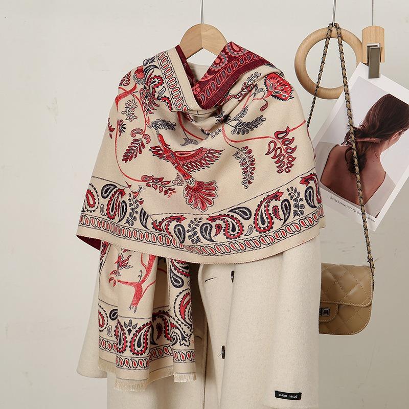 Autumn and winter new imitation cashmere thickened warm scarf women's literary and fresh blue bird cashew nut pattern lengthened thickened shawl