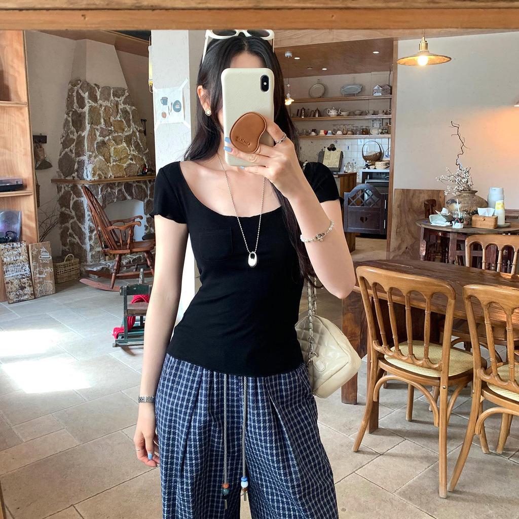 2026 Summer Korean Style Slim-Fit Wool T-Shirt for Women - Spicy U-Neck, Short-Sleeved, Sexy & Trendy