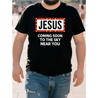 Europäische Größen Herren Übergröße Jesus Kommt Bald Grafik-T-Shirt - Rundhals-T-Shirt mit Aufdruck, Perfekt für Spirituelle Treffen & Freizeitkleidung