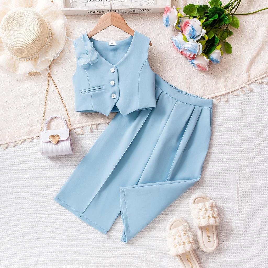 Summer Children's Sleeveless Waistcoat and Trousers Suit Set for Girls