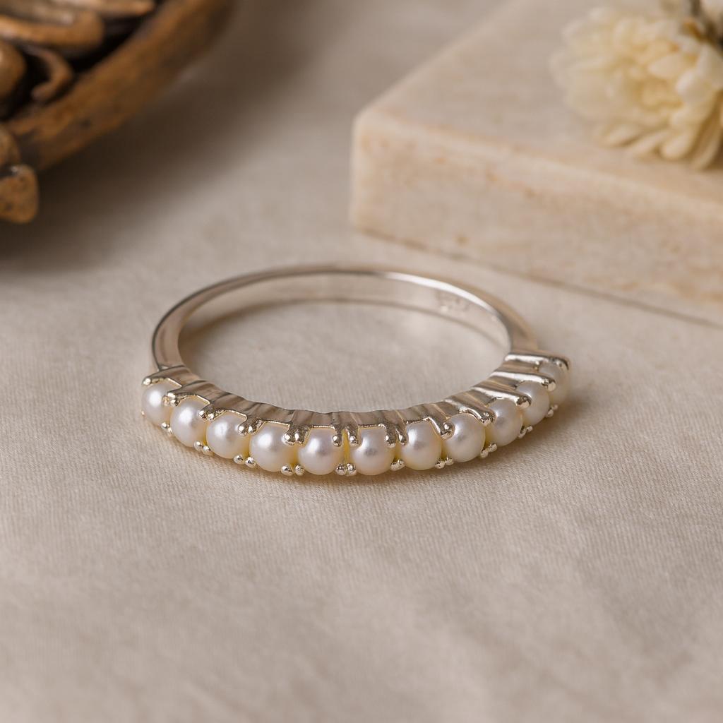 Wedding Engagement Anniversary Promise Gift – Antique Akoya Pearl Band, Yellow Gold Plated Unique Bridal Ring, June Birthstone Jewelry