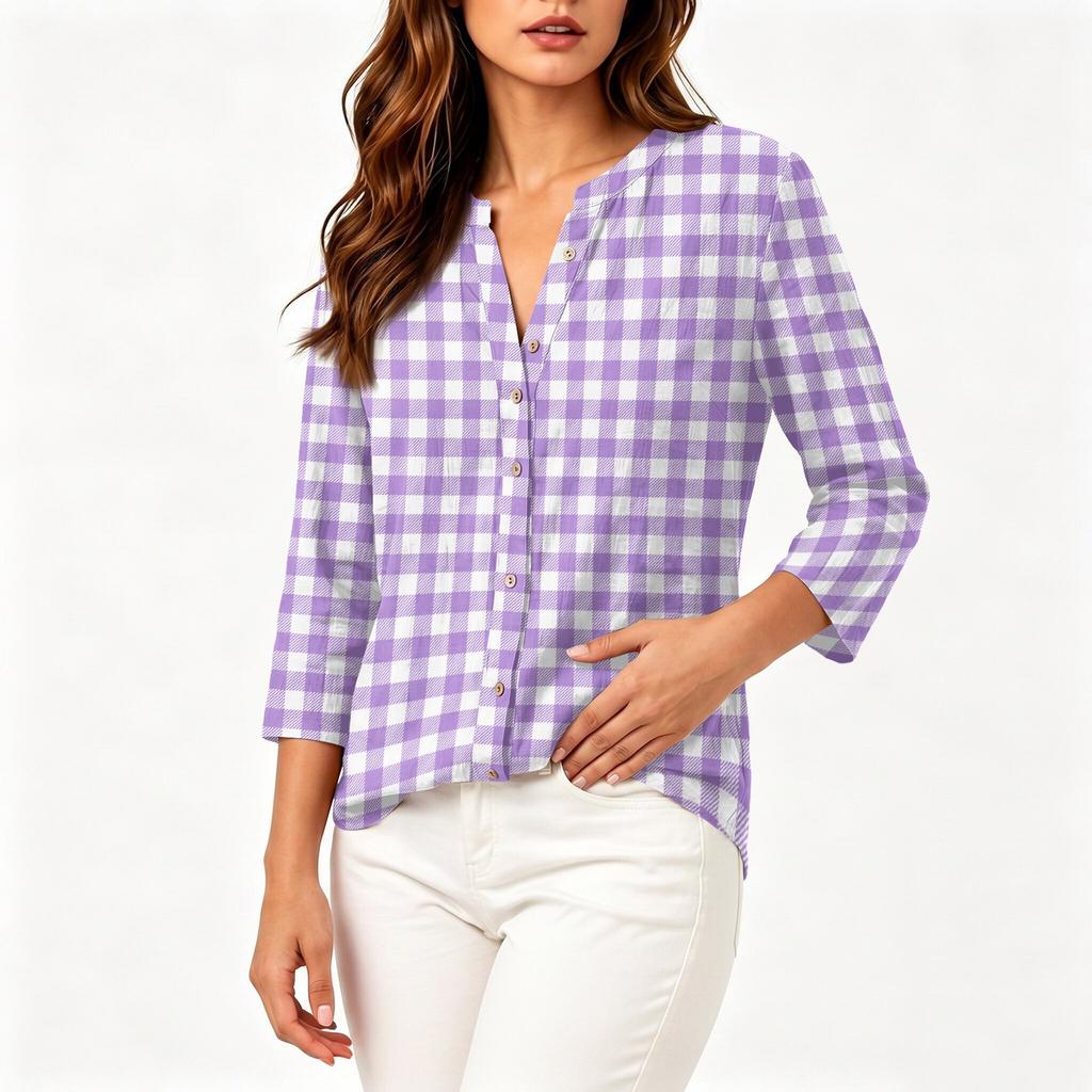 Women's Vintage Floral Print Henley Button Neck Three Quarter Sleeve Cotton Linen Shirt Casual Loose Fit Blouse