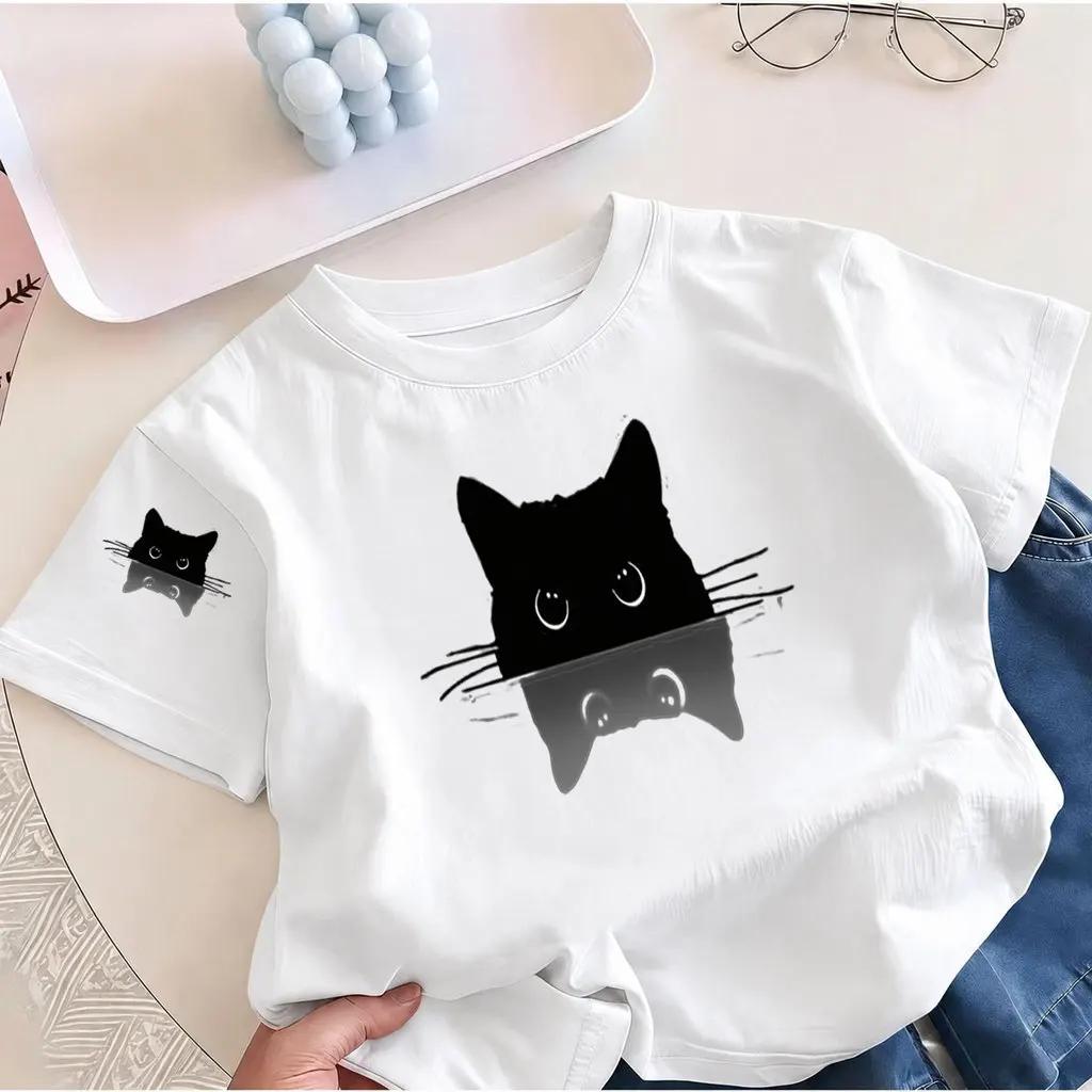 Boys Girls Casual Short Sleeve Tee Kids Cute Black Cat Reflection Graphic Print T Shirt Cartoon Animal Children Summer Daily Top