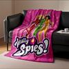 Radial pink lines with white stars behind three colorfully dressed figures. for all seasons blanket lunch break throw gift