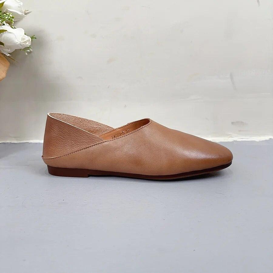 Johnature Zapatos planos poco profundos de cuero genuino con punta redonda y suela blanda, mocasines casuales de color sólido para mujer