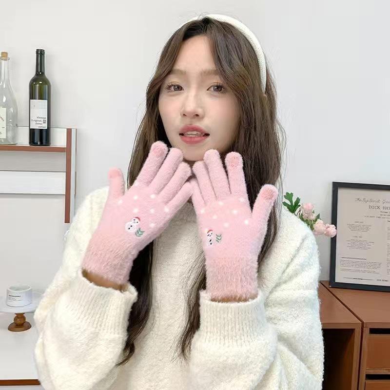

Перчатки женские теплые вязаные милые снеговики студенческие флисовые утолщенные перчатки для сенсорного экрана для верховой езды One Size