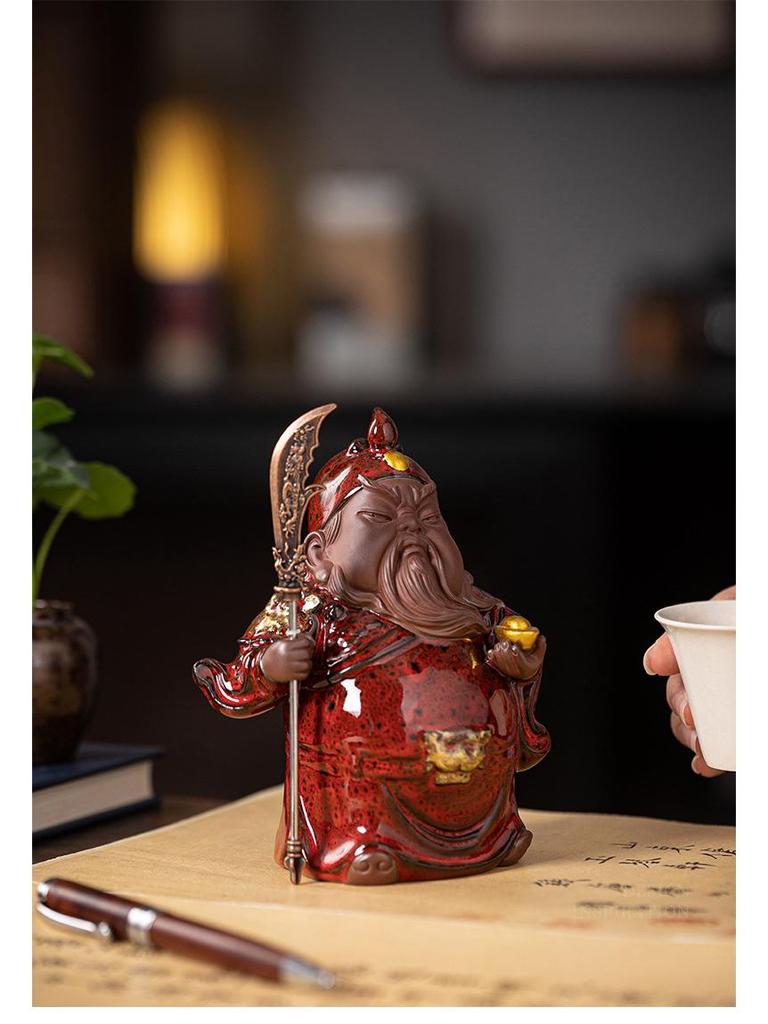 Guan Gong Martial Saint Statue: Ceramic Guan Yu Ornament for Tea Room, Living Room, or Study Decor.