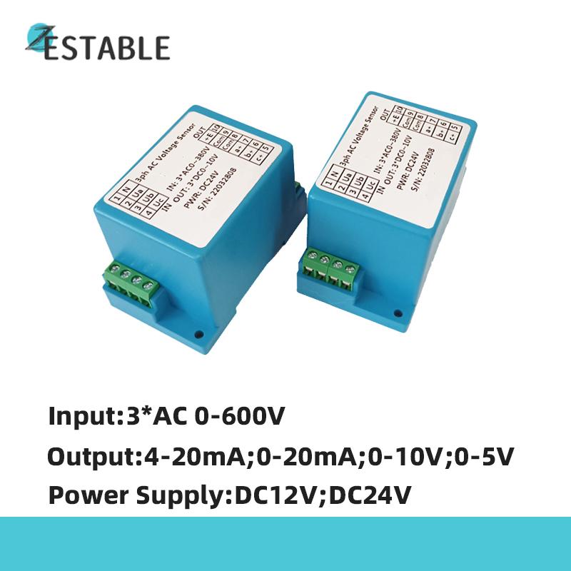 3ph AC Voltage Transmitter 5V/10V/50V/100V/200V/600V Transducer 4-20mA 5V 10V Output DC24V Power Supply Voltage Sensor