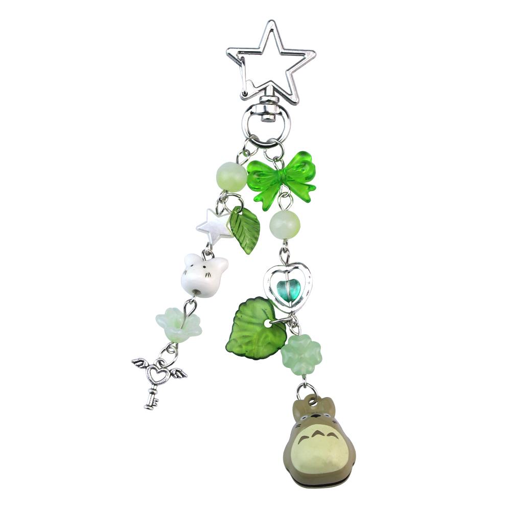 Handmade Cat Phone Chain Charm Fairy Core Four Leaf Clover Beaded Keychain Cute Ceramics Cat Keychain Bag Key Ring зелёный
