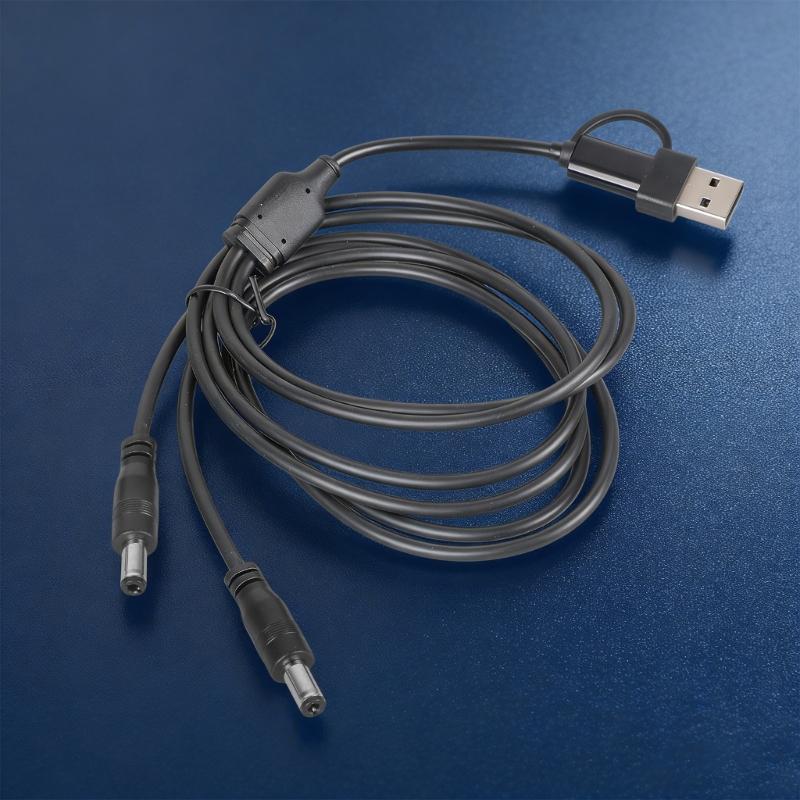 Double Output 5.5x2.5mm Charging Cable With USB A And Type C Connectors Input Support 5V 3A 1M Length Black