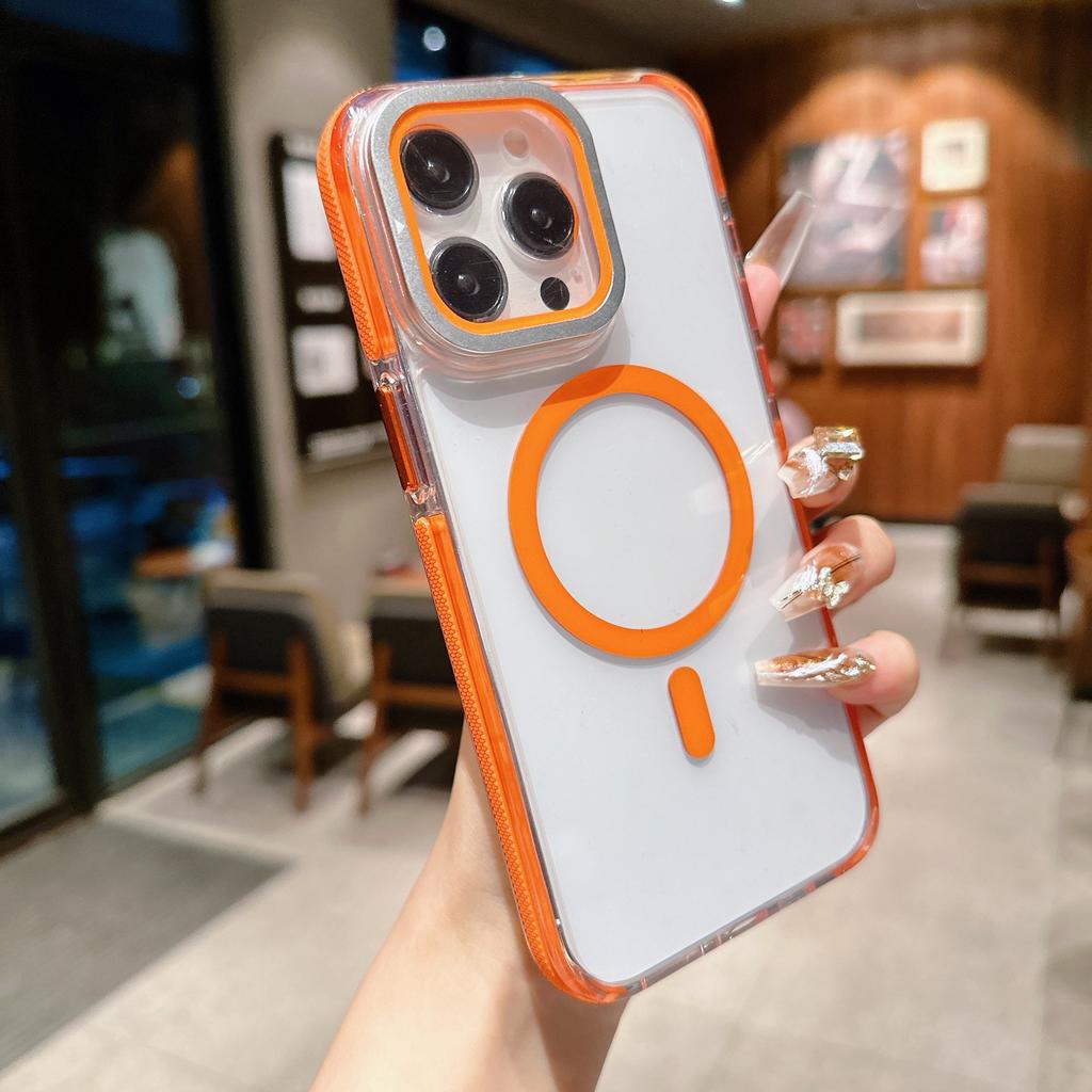 For iPhone 15 Pro Max Magnetic Case TPU Acrylic Clear Phone Back Cover with Lens Protector Kickstand