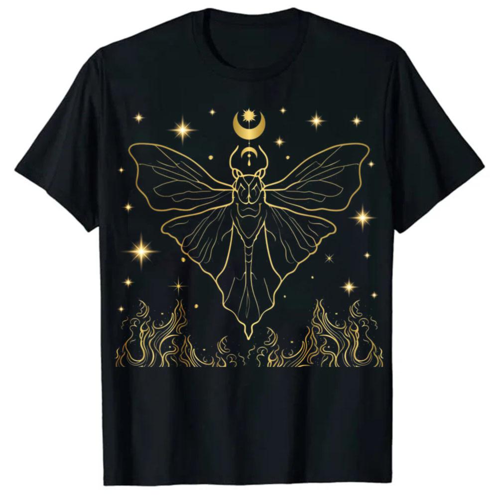 Oversized Black Cotton Tshirt With Gold Moth Crescent Moon Stars Flames Graphic Print Crew Neck Short Sleeve Unisex Streetwear