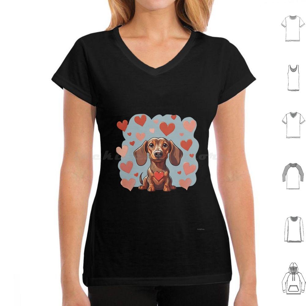 Cute Valentine Daschound Dog T Shirt Cotton Men Women DIY Print Dog Breeds Cute Dog Dog With Hearts Valentine Dog Animals