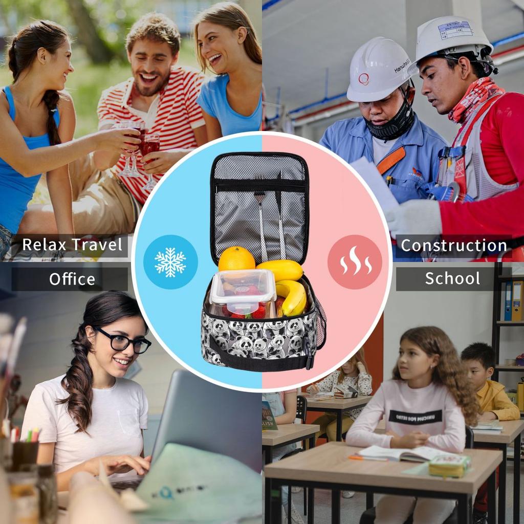 Black And White Panda Cartoon Pattern Insulated Lunch Bag for Women Kids Leakproof Food Boxes Thermal Lunch Box Tote