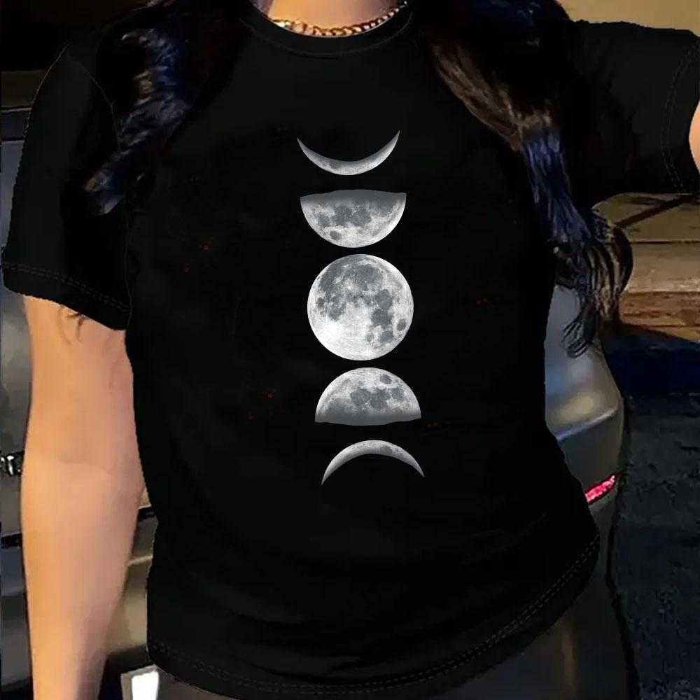 

Gradient Moon Fashion Harajuku Style Pure Cotton Printed Women s Round Neck Short Sleeved T-shirt S чёрный