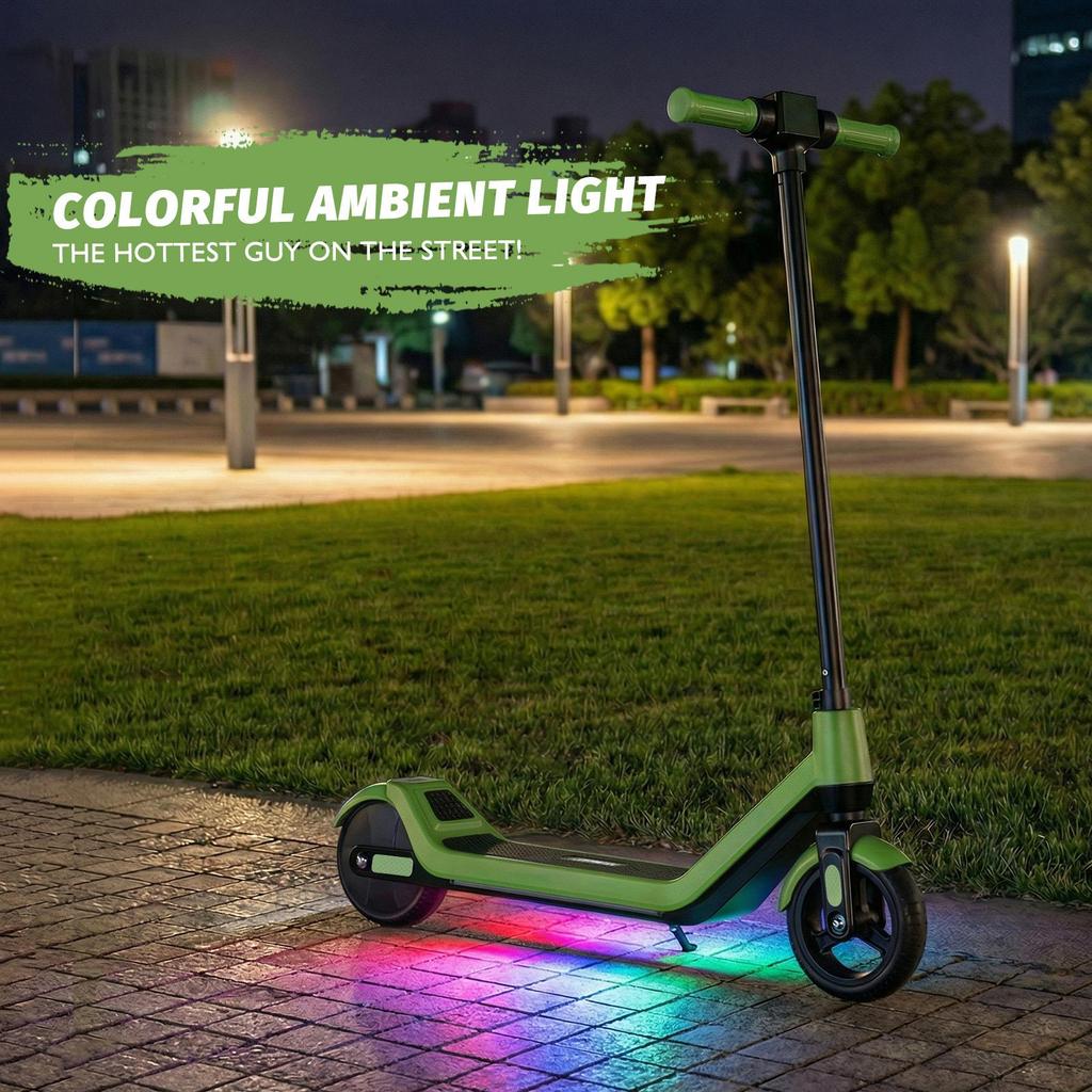 Dětská elektrická koloběžka Věk 8-12 let, Dojezd 16 km, Max. rychlost 16 km/h, 6,5" Ultra lehká elektrická koloběžka pro děti s barevným okolním osvětlením - Zelená