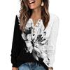Women's Fashion V-Neck Button-Up T-Shirt With Floral Print Long-Sleeved Top