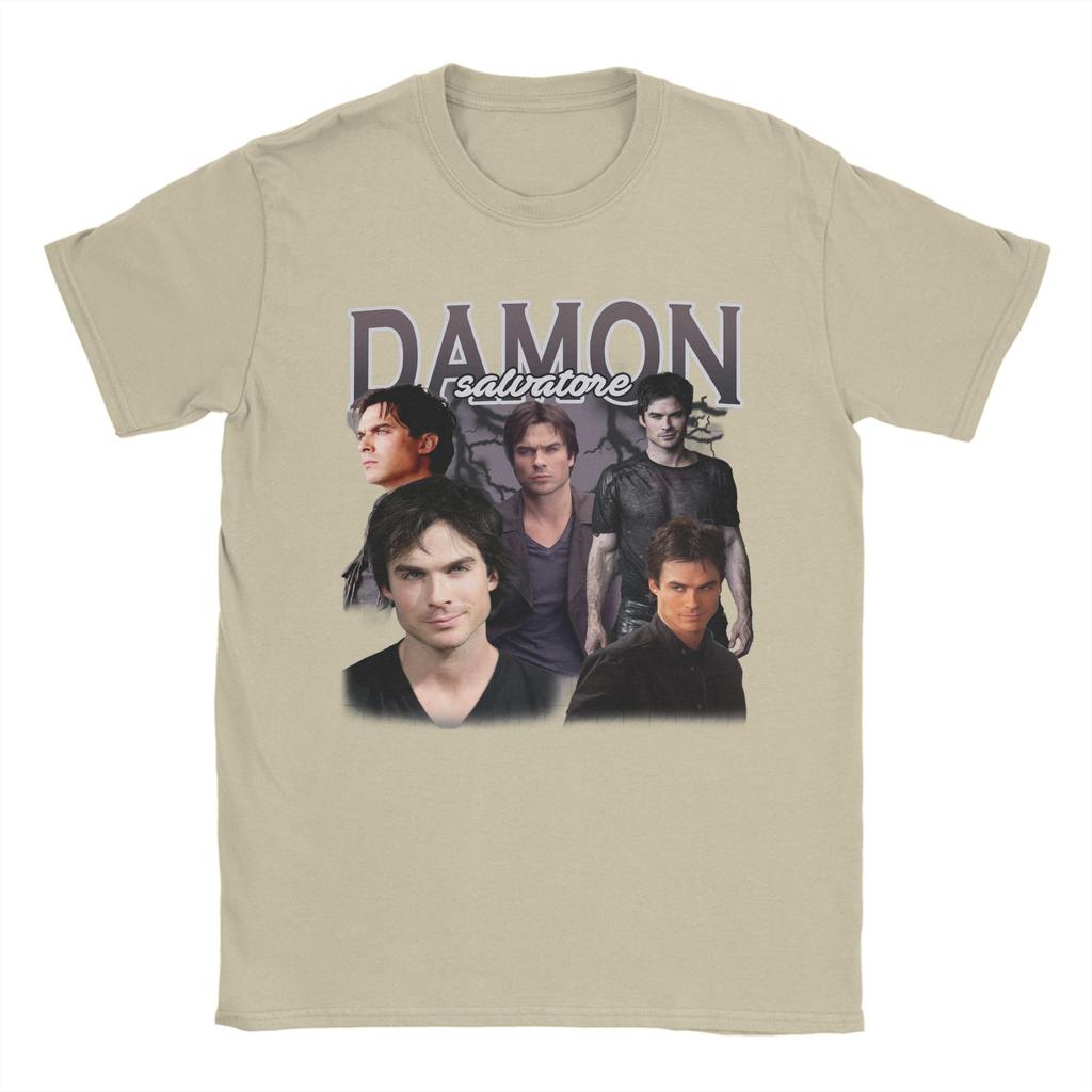 Damon Salvatore TShirts for Unisex Crewneck Pure Cotton T Shirts The Vampire Diaries Ian Somerhalder Short Sleeve Tees Clothing