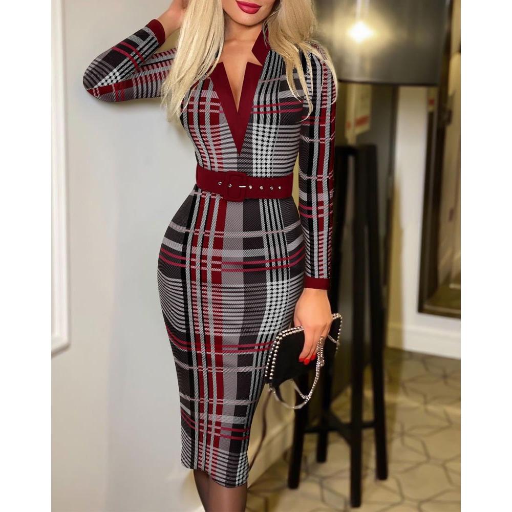 Elegante Vestito Sexy a Quadri con Scollo a V, aderente, a Maniche Lunghe