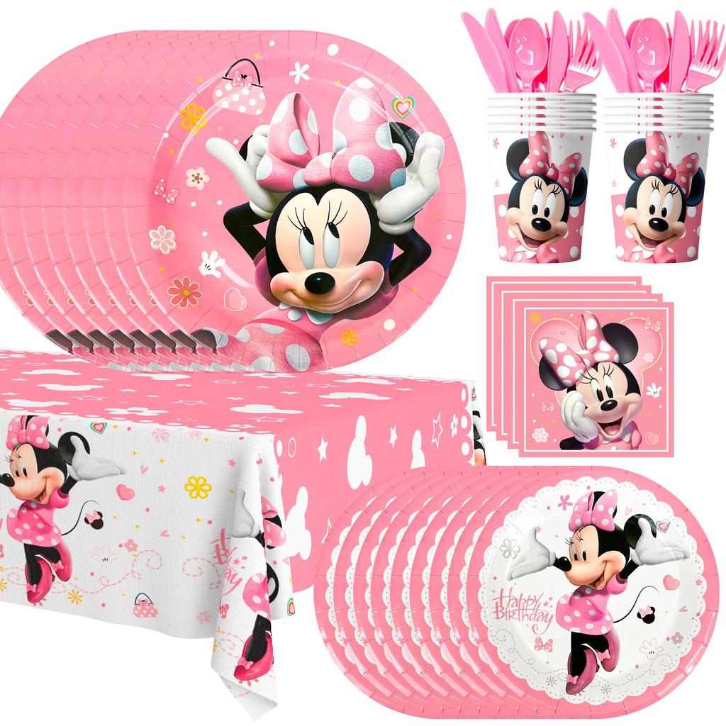 113pcs Min-nie Birthday Party Supplies, Min-nie Mouse Party Decorations Tableware Set - Mouse Plates and Napkins Cups Table Cloth etc