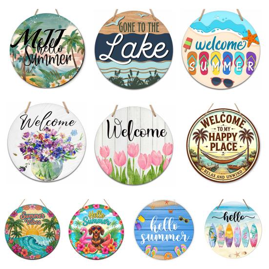 Natural Hemp Rope Sign Hello Summer Door Sign, Spring Beach Flowers Welcome Wooden Round Hanging Decor Front Plaque for Wall, Outdoor Porch