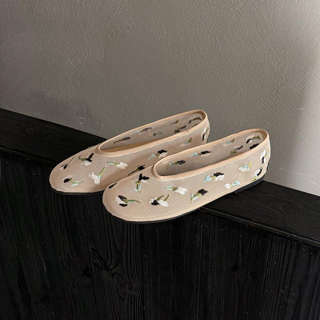 Krazing Pot Air Mesh Sheep Skin Flat with Crystal Beading Round Toe Jelly Shoes Embroidery Summer Size 42 Women Flats